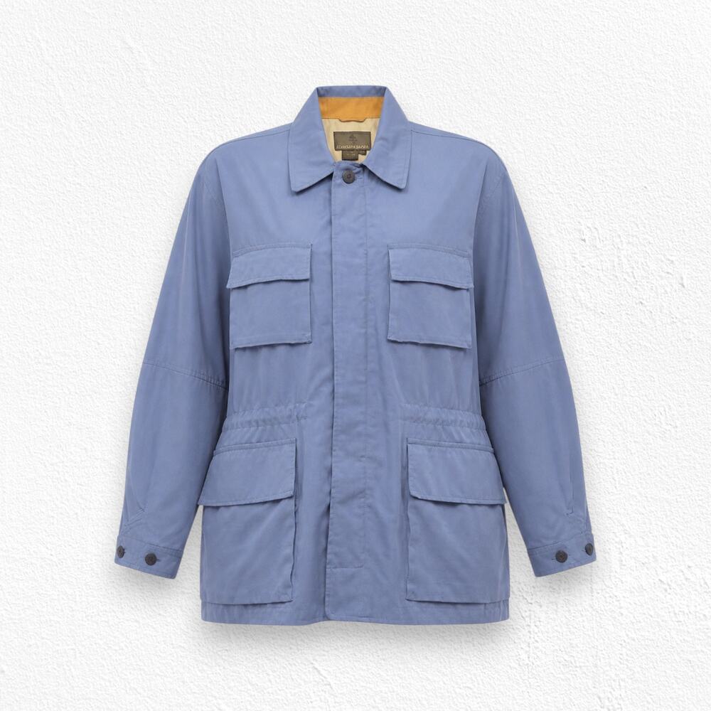 1990s Vintage Rainforest Blue Silk Cotton Safari Jacket Utility Coat Size Medium